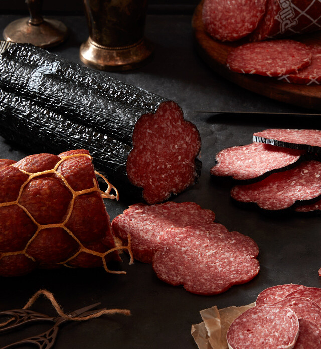 Close up of different kinds of salami.