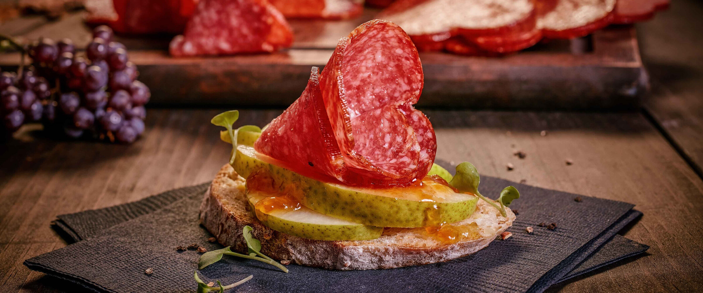 Close up of appetizer with Black Kassel salami.