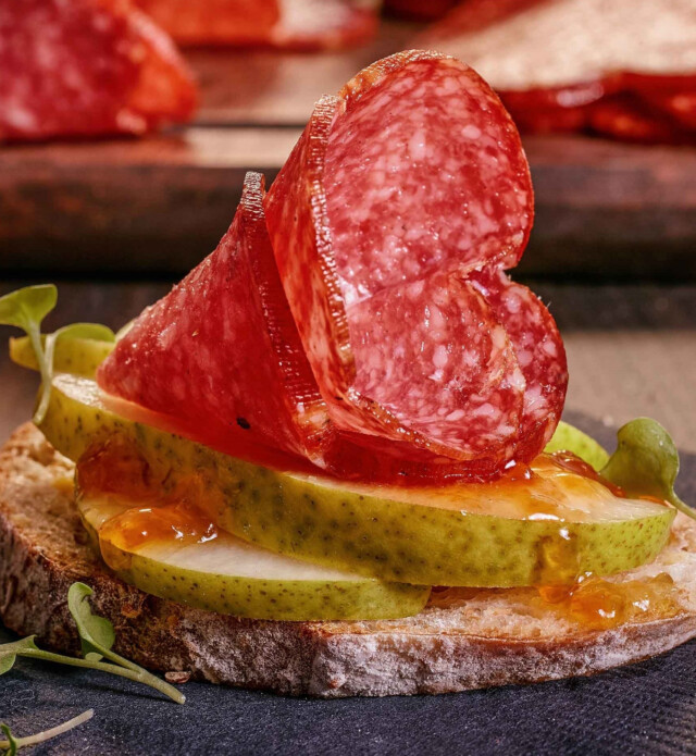 Close up of appetizer with Black Kassel salami.