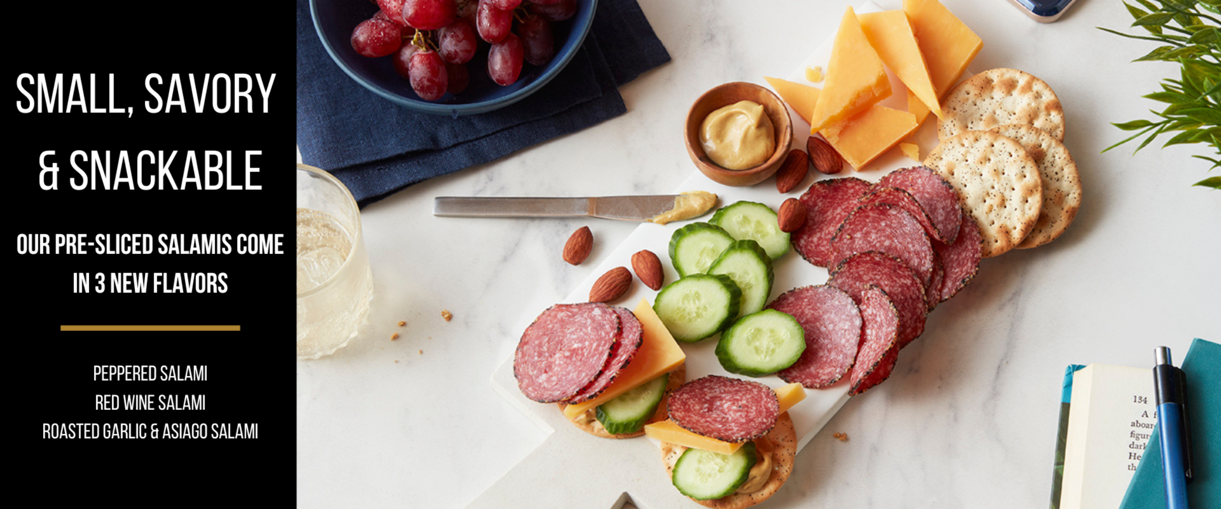 Pepper coated salami with cheese and crackers. Our salami comes in 3 new flavors.